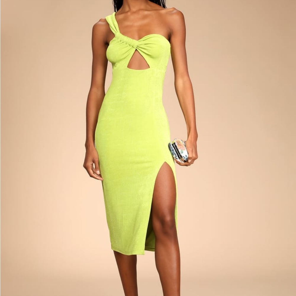 SOLD Lulus Becoming Bold Lime Green Cutout One-Shoulder Midi Dress